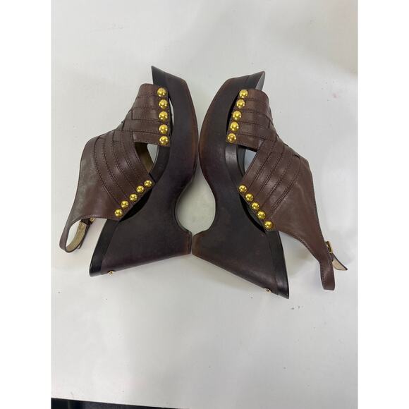 Michael Kors Wedge Sandals Gold Studs Chocolate Brown 8.5 - Picture 5 of 7